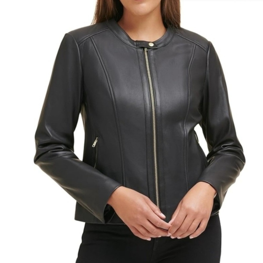 Cole Haan Collarless Leather Moto Zip Jacket Size M Black NEW Lambskin Luxury